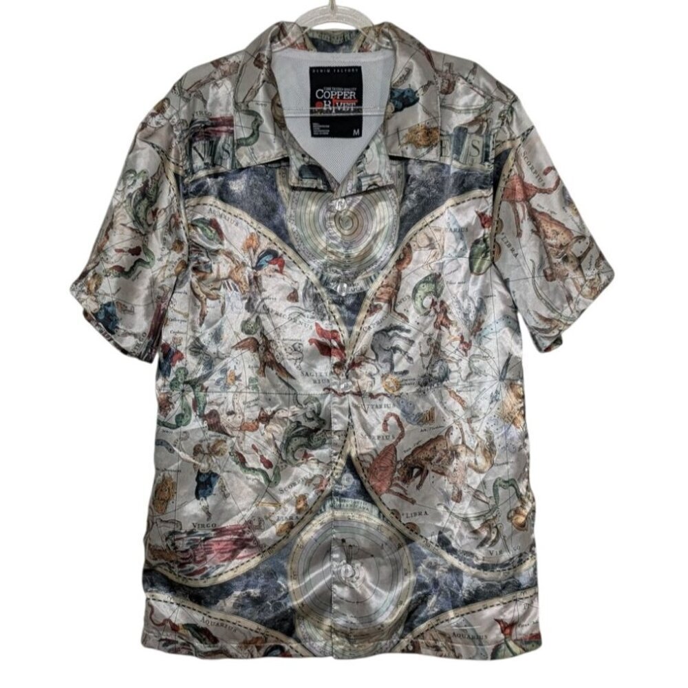 Copper Rivet Astrology Signs Shirt Mens Size Medium Green Satin Mesh Lined